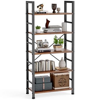 5 tier Rustic Brown Bookshelf for Home/Office: Space-Saving, Durable, Easy Assembly