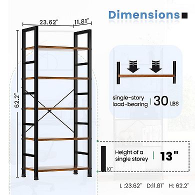 5-Tier Rustic Brown Bookshelf for Home/Office: Space-Saving, Durable, Easy Assembly