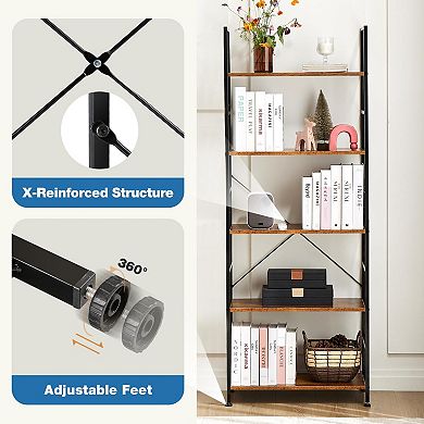 5-Tier Rustic Brown Bookshelf for Home/Office: Space-Saving, Durable, Easy Assembly