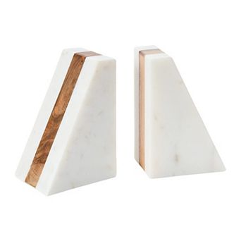 White Marble Geometric Bookends with Wood Inlay: Stylish, Adjustable, Unique Decor for Modern Spaces