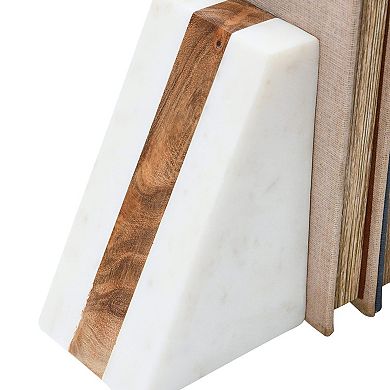 White Marble Geometric Bookends with Wood Inlay: Stylish, Adjustable, Unique Decor for Modern Spaces