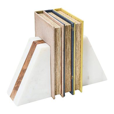 White Marble Geometric Bookends with Wood Inlay: Stylish, Adjustable, Unique Decor for Modern Spaces