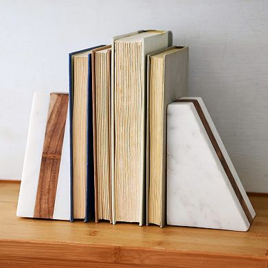 White Marble Geometric Bookends with Wood Inlay: Stylish, Adjustable, Unique Decor for Modern Spaces