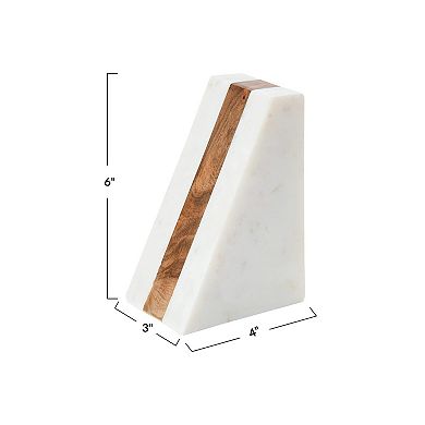 White Marble Geometric Bookends with Wood Inlay: Stylish, Adjustable, Unique Decor for Modern Spaces
