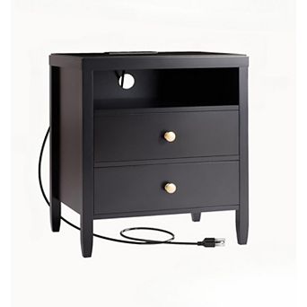 ZUQIETA Black Nightstand Set of 2 with Charger Station & 2 Drawers, Metal Knobs