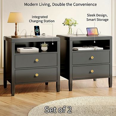 ZUQIETA Black Nightstand Set of 2 with Charger Station & 2 Drawers, Metal Knobs