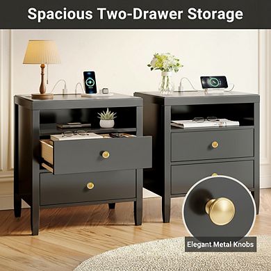 ZUQIETA Black Nightstand Set of 2 with Charger Station & 2 Drawers, Metal Knobs