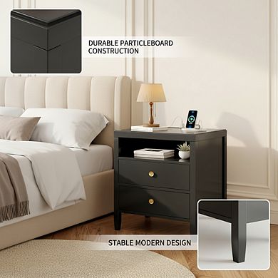ZUQIETA Black Nightstand Set of 2 with Charger Station & 2 Drawers, Metal Knobs