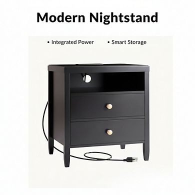 ZUQIETA Black Nightstand Set of 2 with Charger Station & 2 Drawers, Metal Knobs