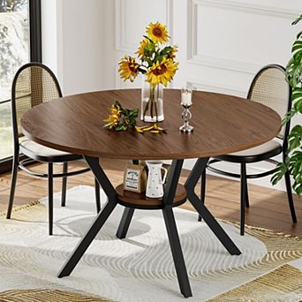 42" Round Dining Table for 4: Farmhouse Style, Storage, Space-Saving, Rustic Wood, Metal Legs