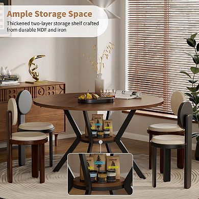 42" Round Dining Table for 4: Farmhouse Style, Storage, Space-Saving, Rustic Wood, Metal Legs