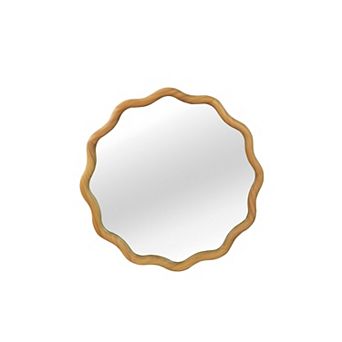 Oak Color 24 inch Wavy Round Solid Wood Frame Decorative Mirror for Bedroom, Bathroom, Entryway