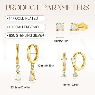 ZUQIETA Hypoallergenic Earring Set - S925 Silver Sun, Opal & Blue Hoops for Sensitive Ears