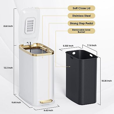 5L Stainless Steel Step Pedal Trash Can with Soft Close Lid for Bathroom, Bedroom, Office