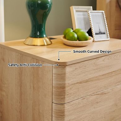 ZUQIETA Modern Nightstand with Charging Station - 3-Drawer Bedside Table, Natural Oak