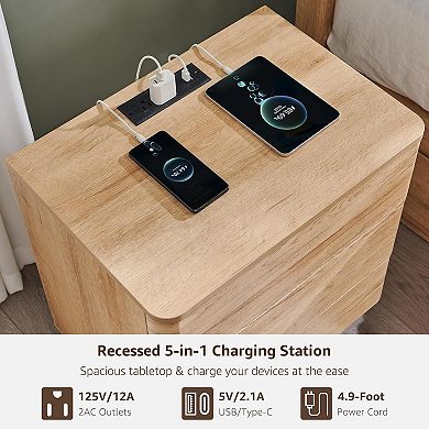 ZUQIETA Modern Nightstand with Charging Station - 3-Drawer Bedside Table, Natural Oak