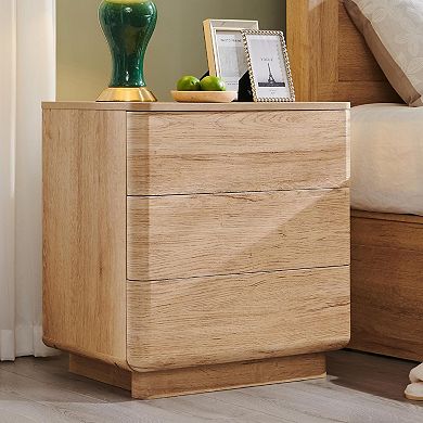 ZUQIETA Modern Nightstand with Charging Station - 3-Drawer Bedside Table, Natural Oak