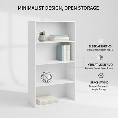 ZUQIETA Minimalist 4-Tier Bookshelf - Open Storage Bookcase, White, 23.6"W x 41.7"H