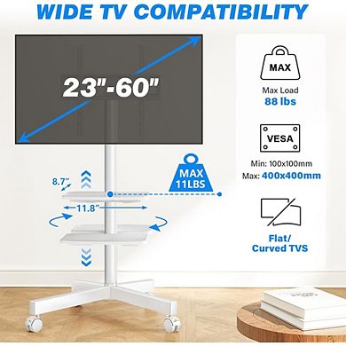 ZUQIETA Silent Rolling TV Stand - Adjustable Tilt & Shelf for 23-60” TVs, White Mobile Cart