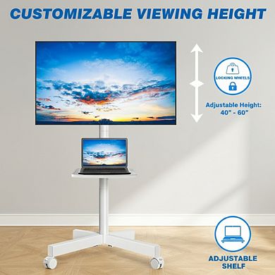 ZUQIETA Silent Rolling TV Stand - Adjustable Tilt & Shelf for 23-60” TVs, White Mobile Cart