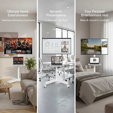 ZUQIETA Silent Rolling TV Stand - Adjustable Tilt & Shelf for 23-60” TVs, White Mobile Cart