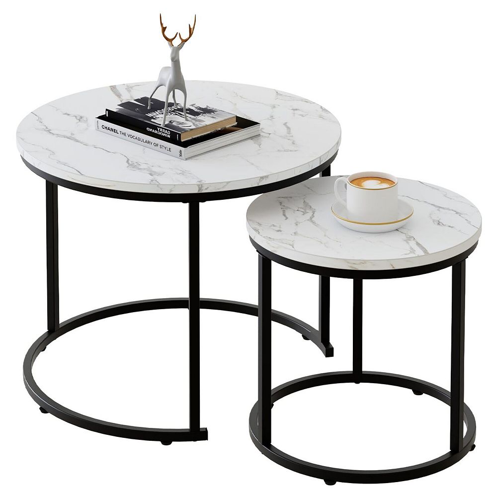 Set of 2 Nesting Coffee Tables: White Faux Marble Top, Black Steel ...