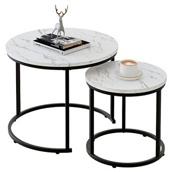 Set of 2 Nesting Coffee Tables: White Faux Marble Top, Black Steel Frame, Modern Design for Living