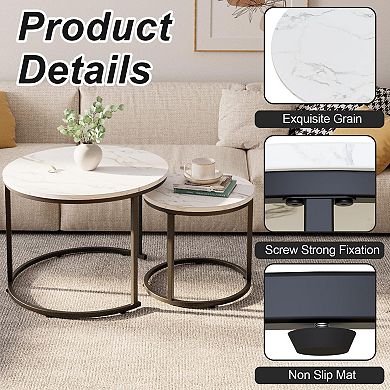 Set of 2 Nesting Coffee Tables: White Faux Marble Top, Black Steel Frame, Modern Design for Living