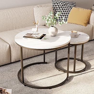 Set of 2 Nesting Coffee Tables: White Faux Marble Top, Black Steel Frame, Modern Design for Living