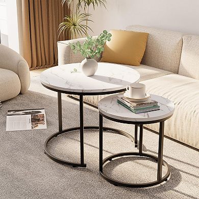 Set of 2 Nesting Coffee Tables: White Faux Marble Top, Black Steel Frame, Modern Design for Living