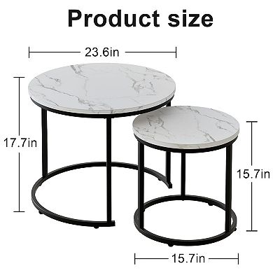 Set of 2 Nesting Coffee Tables: White Faux Marble Top, Black Steel Frame, Modern Design for Living