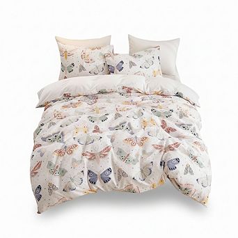 Breathable Cotton Duvet Cover Set Queen, 3 pc White with Whimsical Butterfly Pattern