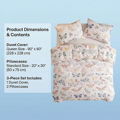 Breathable Cotton Duvet Cover Set Queen, 3pc White with Whimsical Butterfly Pattern