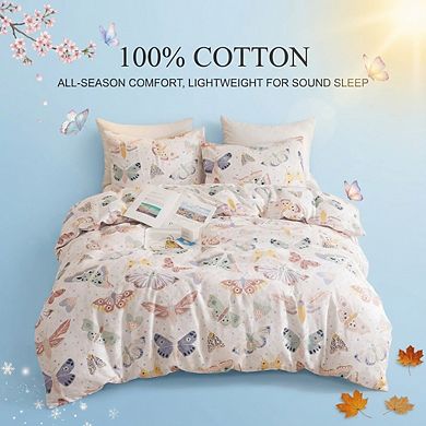 Breathable Cotton Duvet Cover Set Queen, 3pc White with Whimsical Butterfly Pattern
