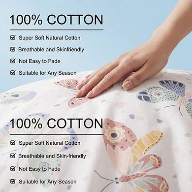 Breathable Cotton Duvet Cover Set Queen, 3pc White with Whimsical Butterfly Pattern