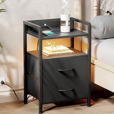 LED Nightstand with Charging Station: 2 USB Ports, AC Outlets, Drawers, and Smart Light