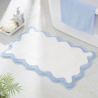 Luxury White Bath Mat with Blue Scalloped Edge: Soft, Non-Slip, Trendy, for Bathroom or Bedroom