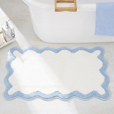 Luxury White Bath Mat with Blue Scalloped Edge: Soft, Non-Slip, Trendy, for Bathroom or Bedroom