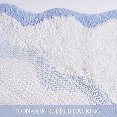 Luxury White Bath Mat with Blue Scalloped Edge: Soft, Non-Slip, Trendy, for Bathroom or Bedroom