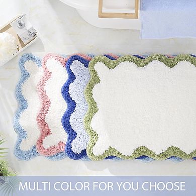 Luxury White Bath Mat with Blue Scalloped Edge: Soft, Non-Slip, Trendy, for Bathroom or Bedroom