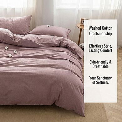 Full Size Washed Cotton Duvet Cover, Linen-Like Textured & Breathable in Dusty Purple