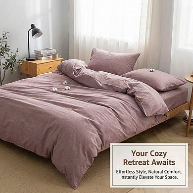 Full Size Washed Cotton Duvet Cover, Linen-Like Textured & Breathable in Dusty Purple