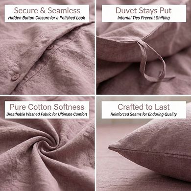 Full Size Washed Cotton Duvet Cover, Linen-Like Textured & Breathable in Dusty Purple