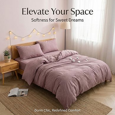 Full Size Washed Cotton Duvet Cover, Linen-Like Textured & Breathable in Dusty Purple
