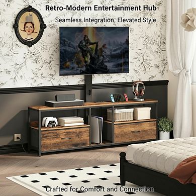 ZUQIETA Swivel TV Stand for 75"TVs with Charging Station&Fabric Drawers,Rustic Brown