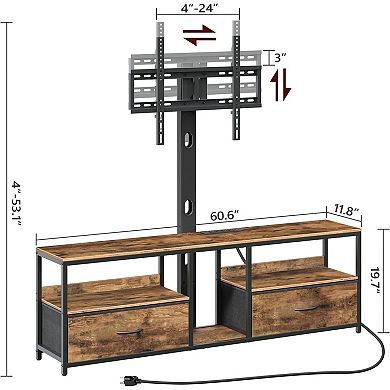 ZUQIETA Swivel TV Stand for 75"TVs with Charging Station&Fabric Drawers,Rustic Brown