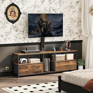 ZUQIETA Swivel TV Stand for 75"TVs with Charging Station&Fabric Drawers,Rustic Brown
