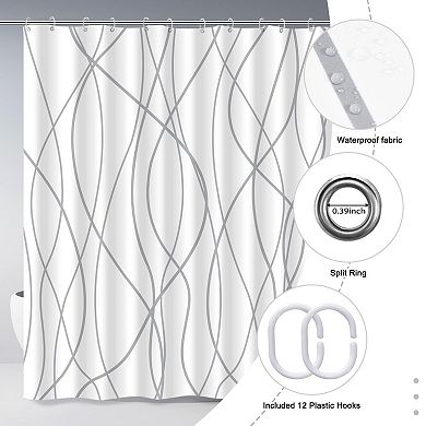 Grey and White Striped Polyester Shower Curtain, 72" Long, Weighted Hem, Waterproof