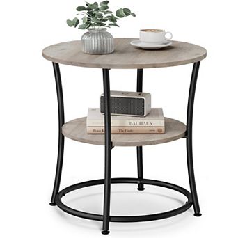 21.7" Round Side Table with 2 Shelves, Steel Frame, Heather Greige & Ink Black for Living Room