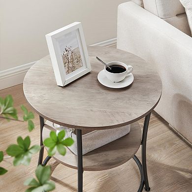 21.7" Round Side Table with 2 Shelves, Steel Frame, Heather Greige & Ink Black for Living Room